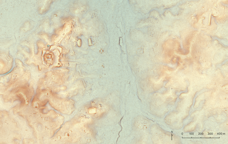 Using lidar, archaeologists were able to document a new site north of Tikal. The elongated building at top right is part of a complex that may predate 500 BC. Across the valley is a large acropolis, which is likely a thousand years younger.